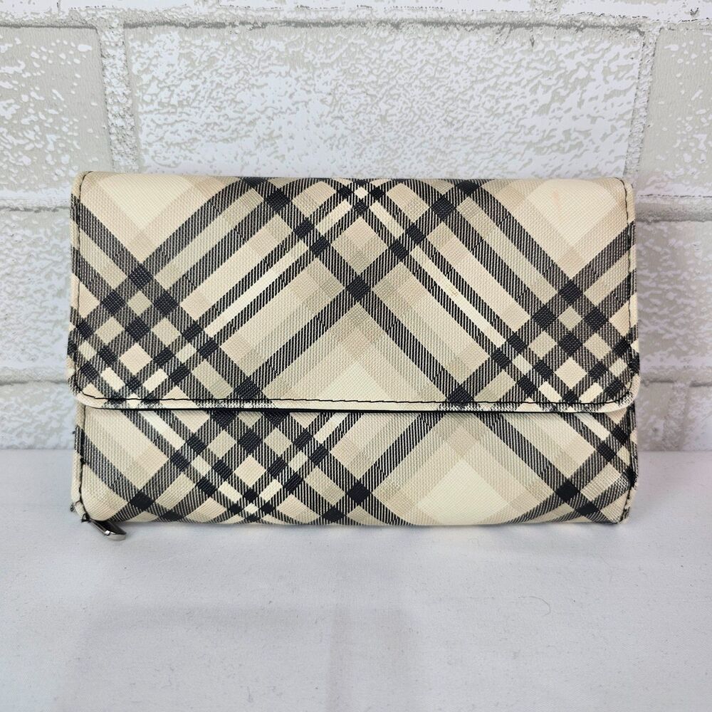 Plaid Trifold Wallet Checkbook Clutch Cream Black Organizer